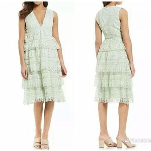 GIANNI BINI Sleeveless Lace Midi Dress Tiered Skirt Deep V Mint Green Size 4 New